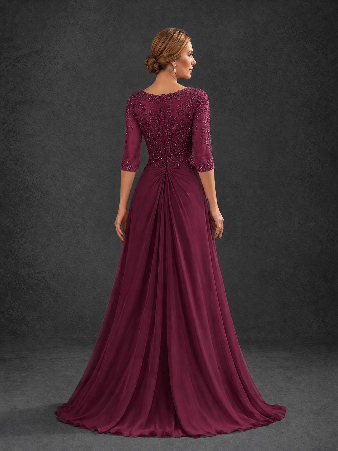 BOLODOO Desert Rose Sweetheart Neck 3/4 Sleeve Floral Lace Illusion Bodice Chiffon A-Line Gown - Desert Rose