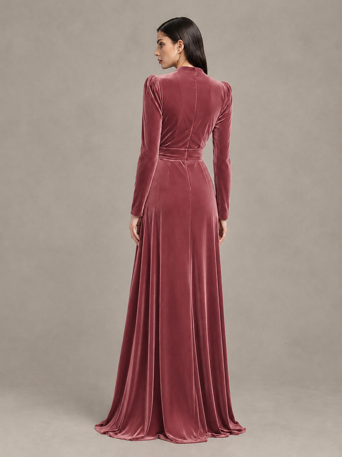 BOLODOO Desert Rose Long Sleeve Velvet-Look Evening Dress with High Slit - Desert Rose - Desert Rose_2