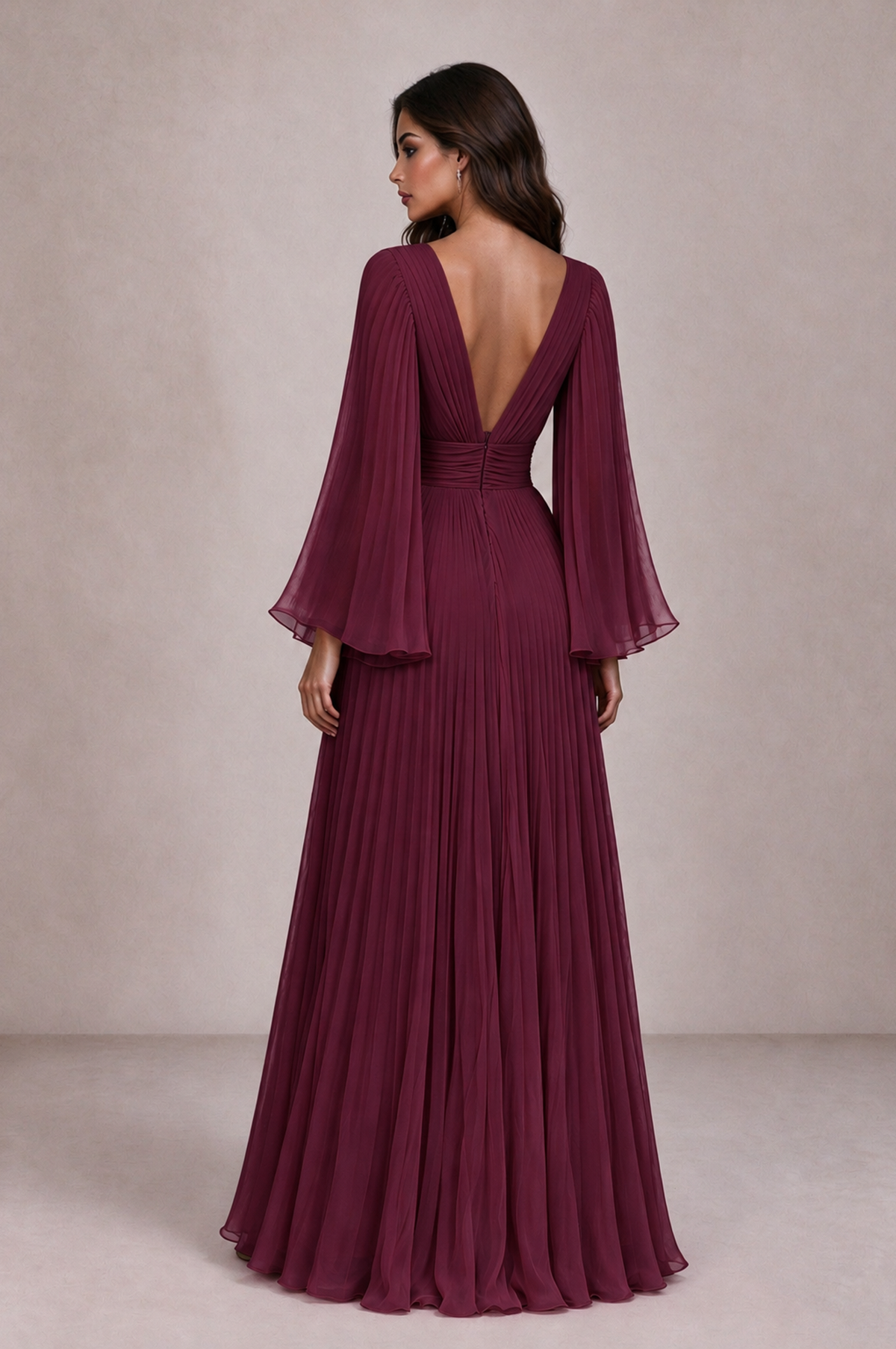 BOLODOO Desert Rose Pleated Deep V-Neck Long Bell Sleeve Evening Dress - Desert Rose - Desert_Rose_2