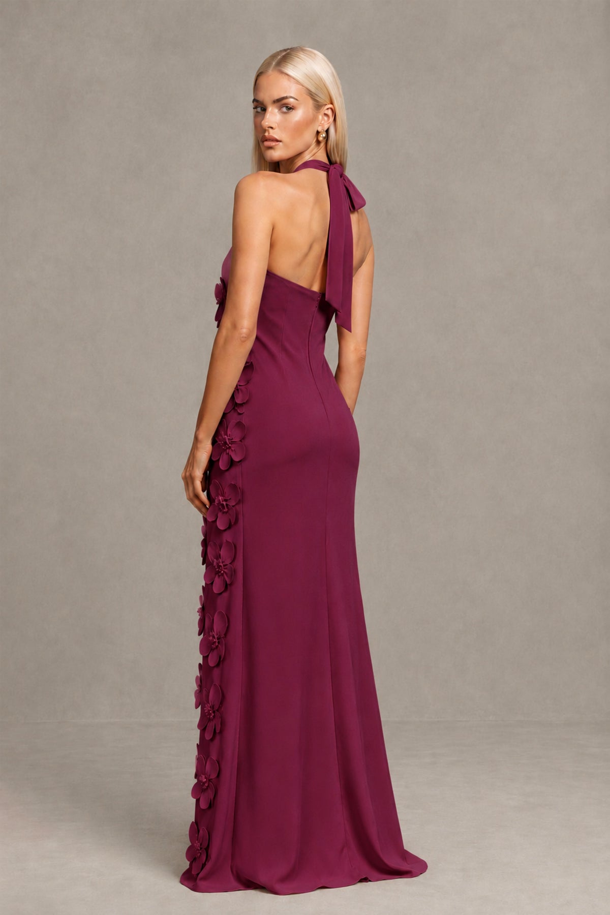 BOLODOO Desert Rose Cross Halter Neck 3D Floral Appliqué Backless Mermaid Maxi Gown - Desert Rose - Desert_Rose_2