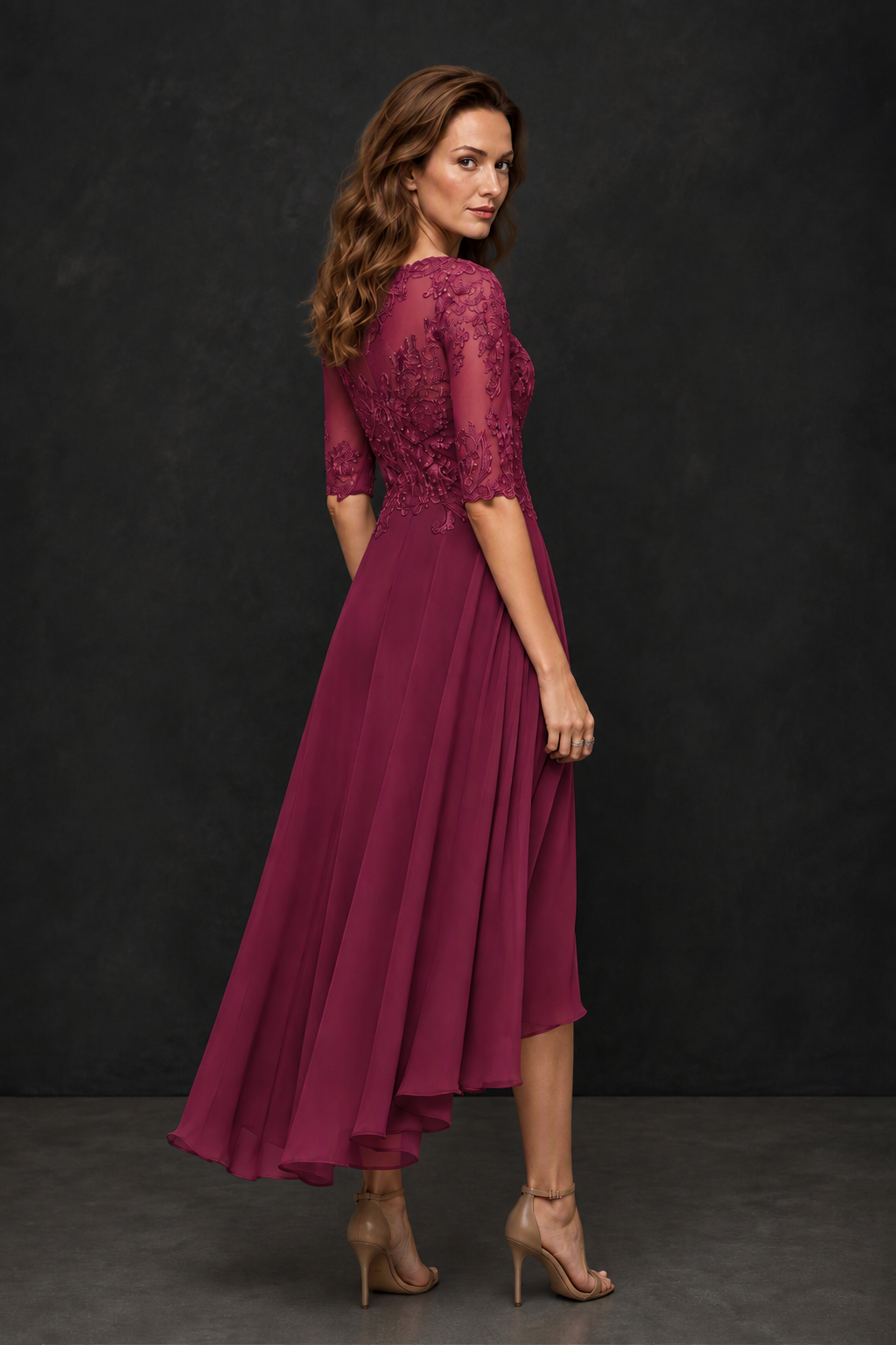 BOLODOO Desert Rose Illusion Lace 3/4 Sleeve Hi-Lo Chiffon A-Line Dress | Mother of the Bride Tea Length Dress - Desert Rose