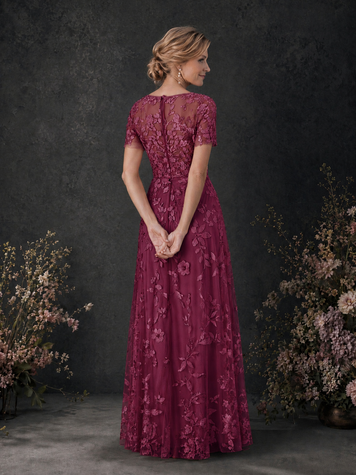 BOLODOO Desert Rose 3D Floral Embroidered Lace V-Neck Short Sleeve A-Line Maxi Dress - Desert Rose
