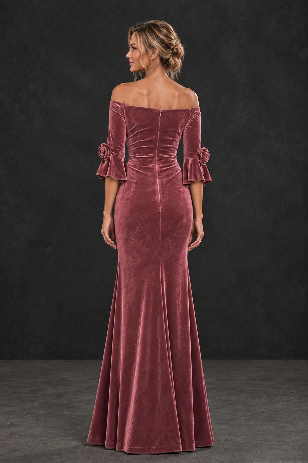 BOLODOO Desert Rose Velvet Off-Shoulder Mother of the Bride Dress – 3/4 Floral Cuff Sleeve Mermaid Evening Gown - Desert Rose - Desert Rose_2