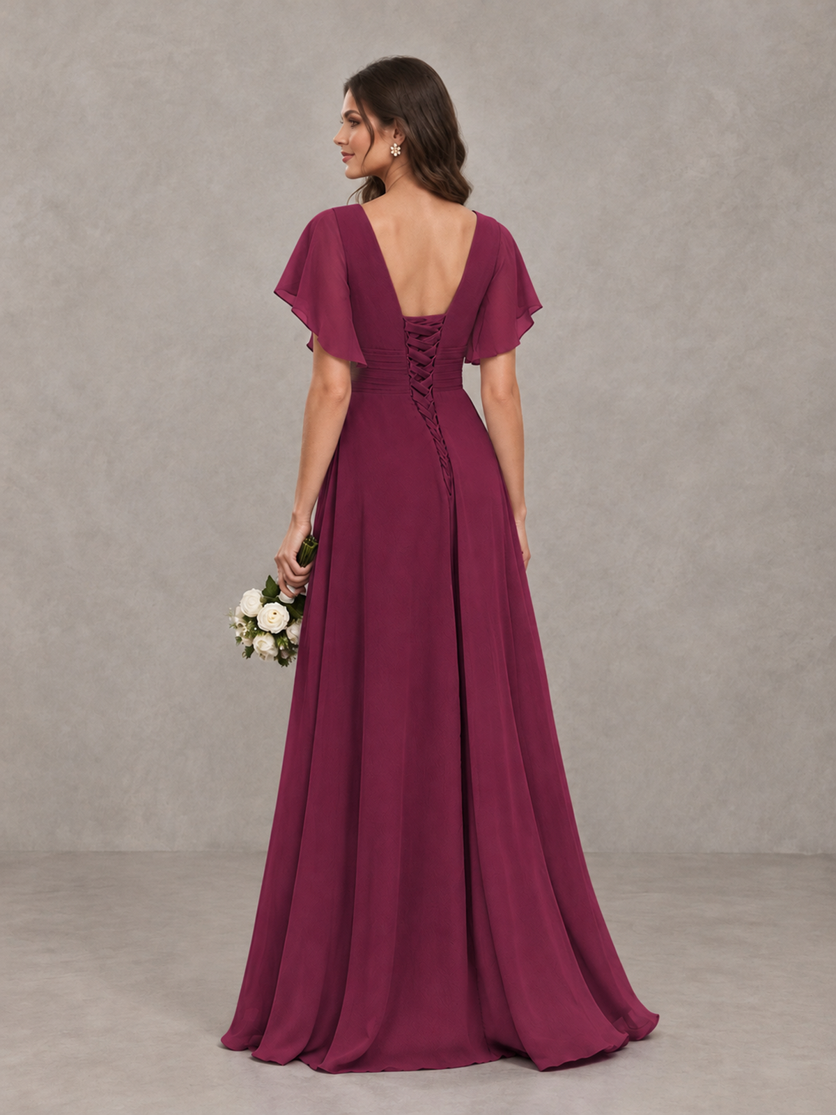 BOLODOO Desert Rose Flutter Sleeve V-Neck Bridesmaid Dress with Ruffle Slit - Desert Rose - Desert Rose_2