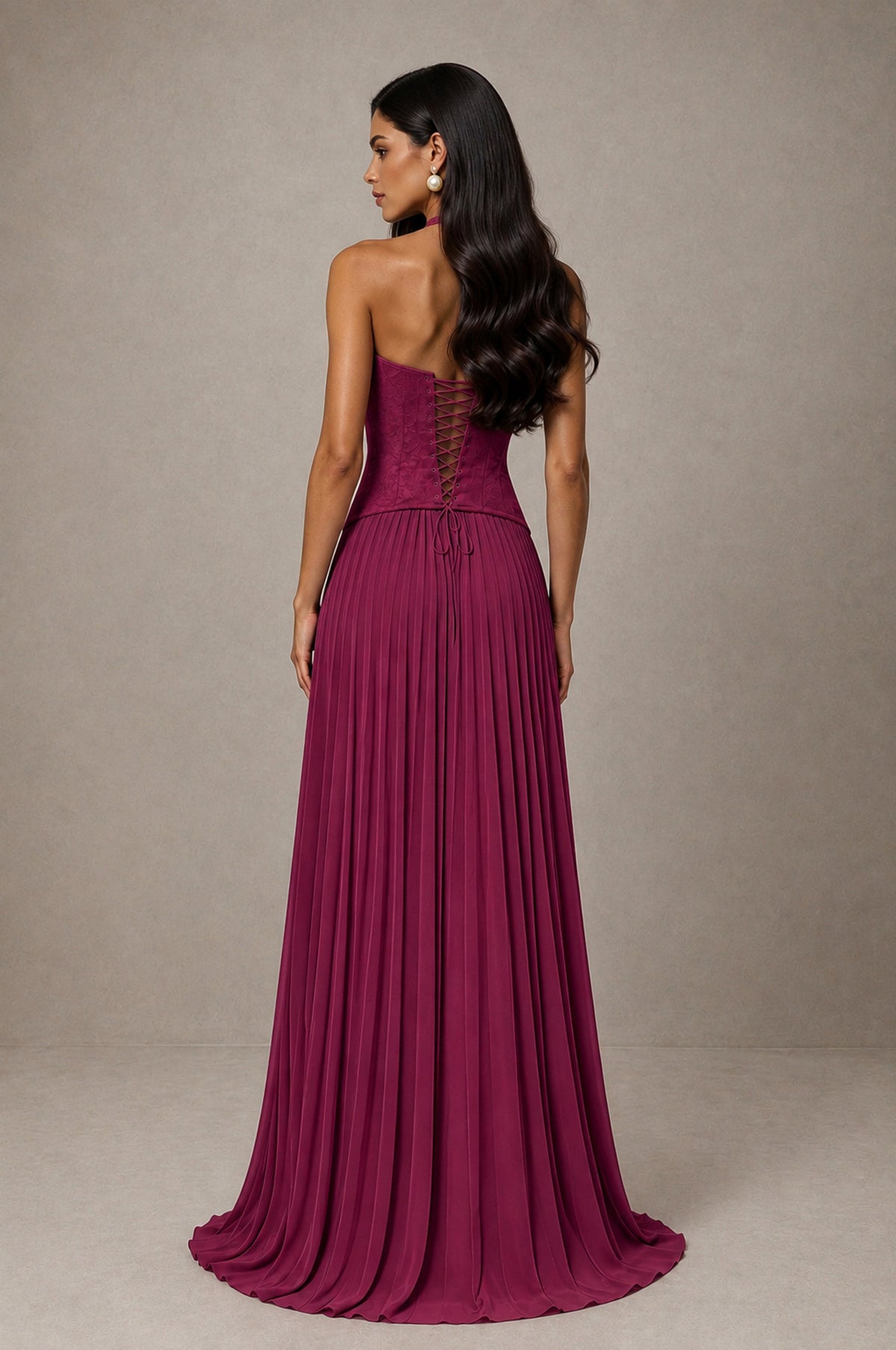 BOLODOO Desert Rose Halter Corset Pleated A-Line Evening Dress - Desert Rose - Desert Rose_2