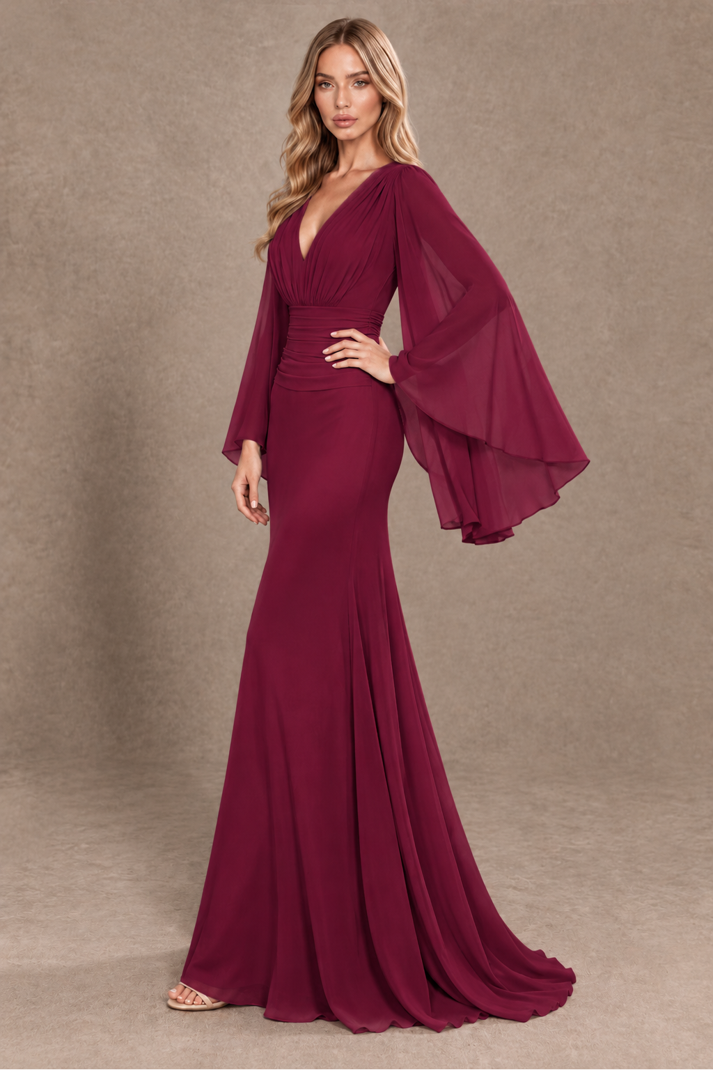 BOLODOO Desert Rose Cape Sleeve V-Neck Ruched Chiffon Evening Dress - Desert Rose - Desert_Rose_2