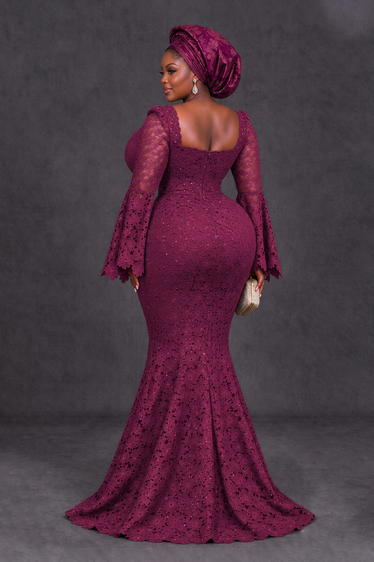 BOLODOO Desert Rose African Lace Mermaid Dress, Plus Size Nigerian Wedding Guest Gown with Bell Sleeves - Desert Rose - Desert Rose_2