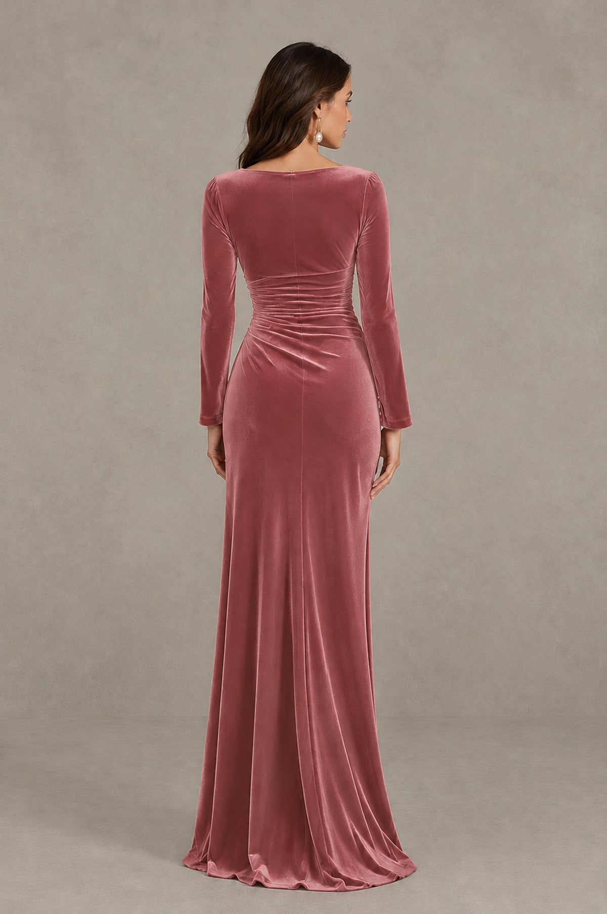 BOLODOO Desert Rose Long Sleeve V-Neck Ruched Velvet Formal Dress - Desert Rose - Desert Rose_2