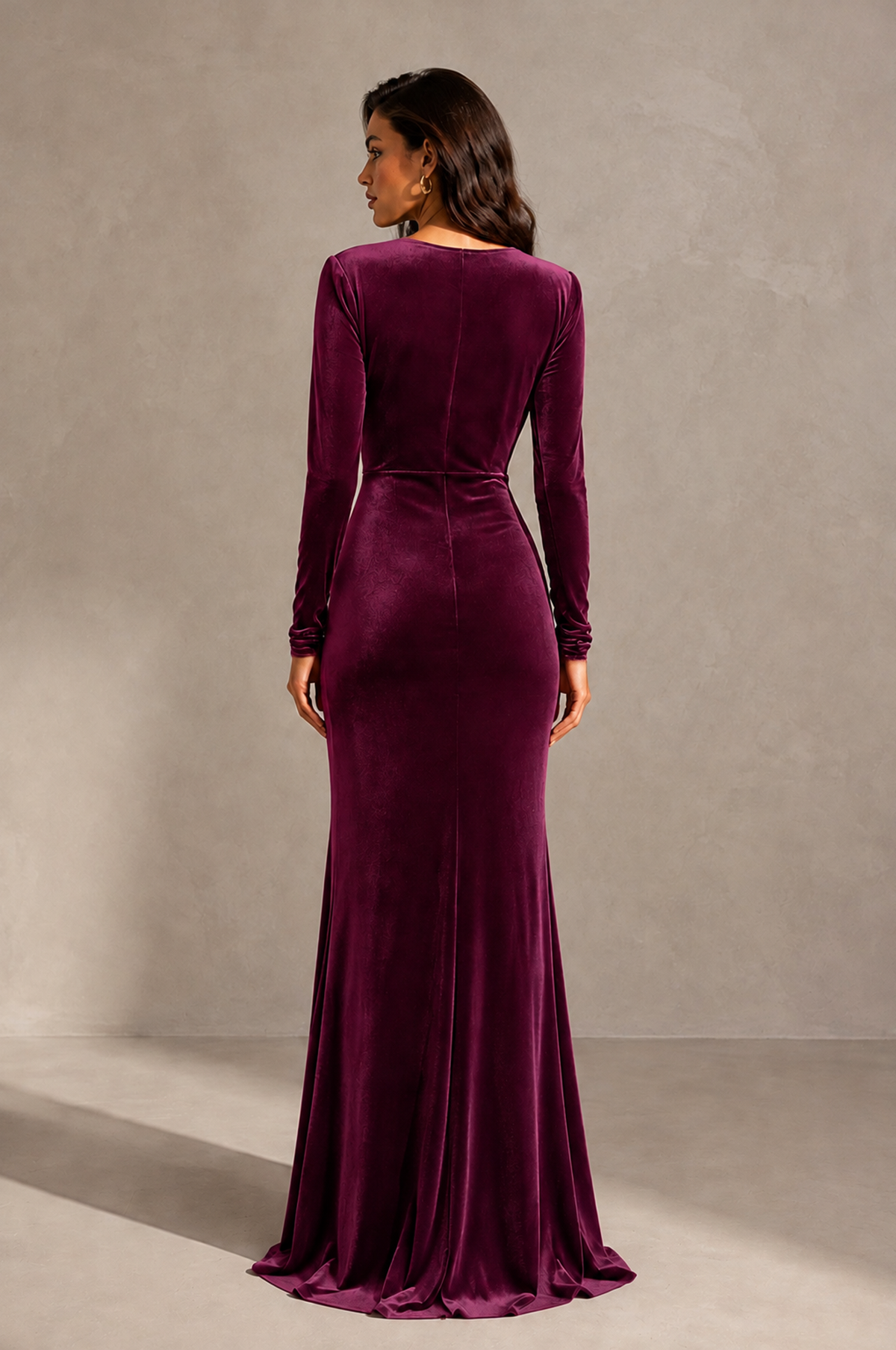 BOLODOO Desert Rose Velvet Long Sleeve V-Neck Ruched Evening Gown - Desert Rose