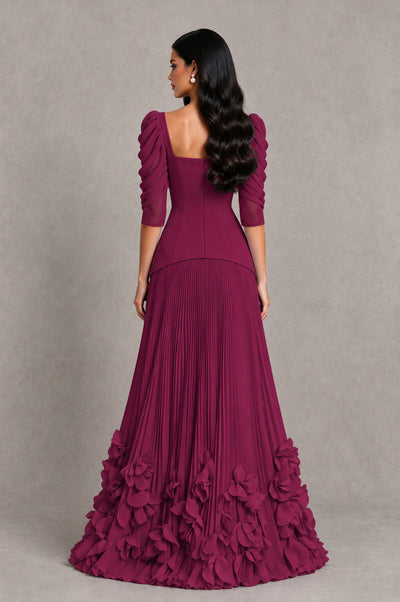 BOLODOO Desert Rose Square Neck Pleated Floral Applique Evening Dress - Desert Rose - Desert Rose_2