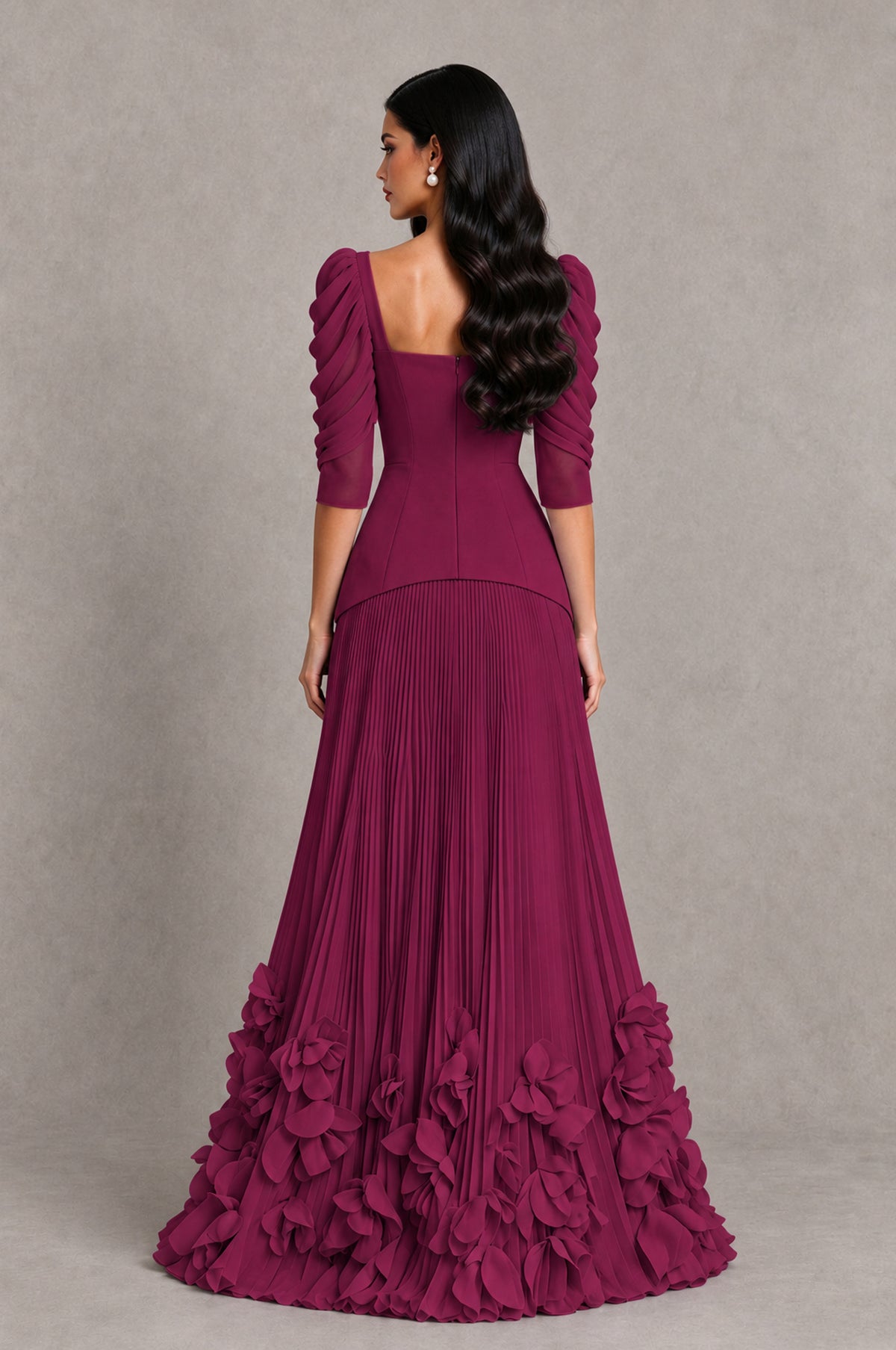 BOLODOO Desert Rose Square Neck Pleated Floral Applique Evening Dress - Desert Rose - Desert Rose_2
