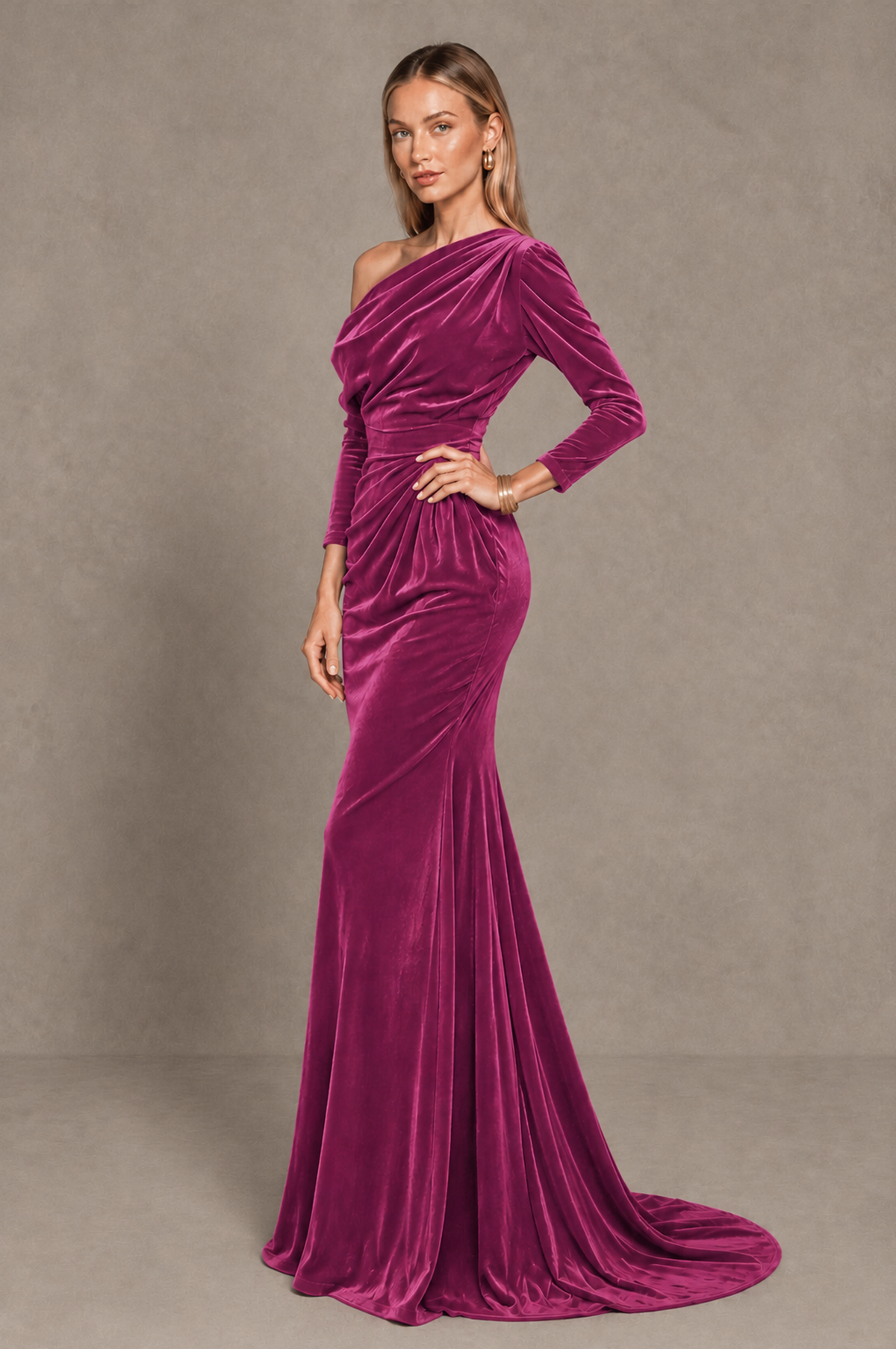 BOLODOO Desert Rose Velvet Asymmetric Neck Mermaid Evening Dress - Desert Rose - Desert_Rose_2