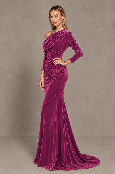 BOLODOO Desert Rose Velvet Asymmetric Neck Mermaid Evening Dress - Desert Rose - Desert_Rose_2