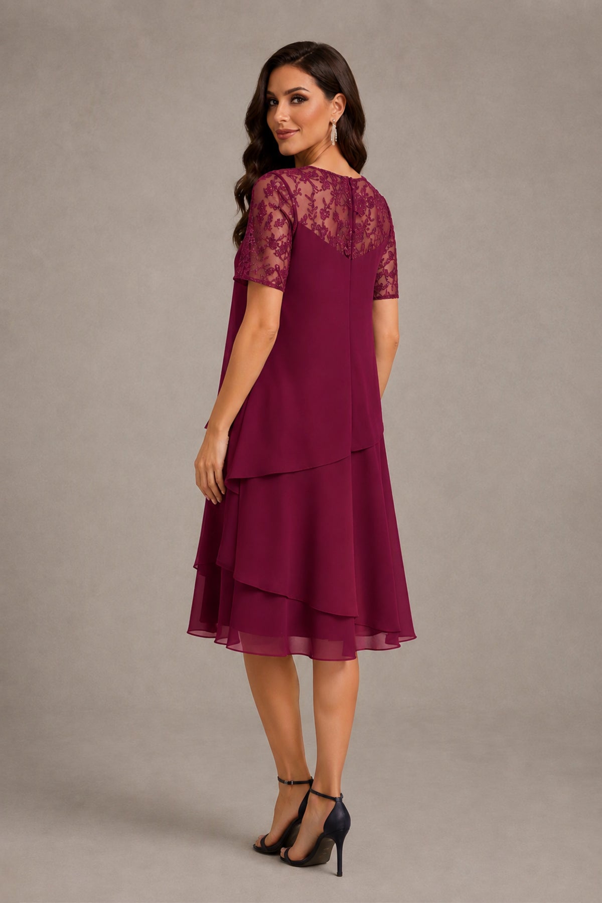 BOLODOO Desert Rose Illusion Lace Short Sleeve Tiered Chiffon Tea Length Dress | Mother of the Bride Midi Dress - Desert Rose