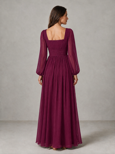 BOLODOO Desert Rose Square Neck Long Sleeve Chiffon Bridesmaid Dress - Desert Rose - Desert Rose_2