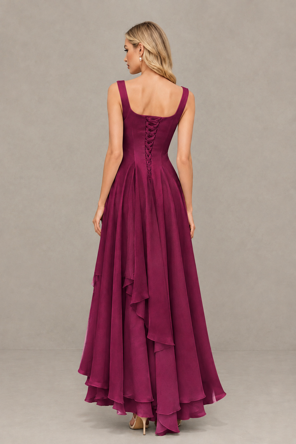BOLODOO Desert Rose Square Neck Chiffon Bridesmaid Dress with Lace-Up Back - Desert Rose