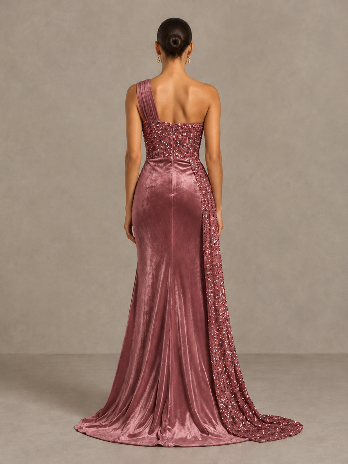 BOLODOO Desert Rose One-Shoulder Satin Sequin Gown with High Slit - Desert Rose - Desert Rose_2