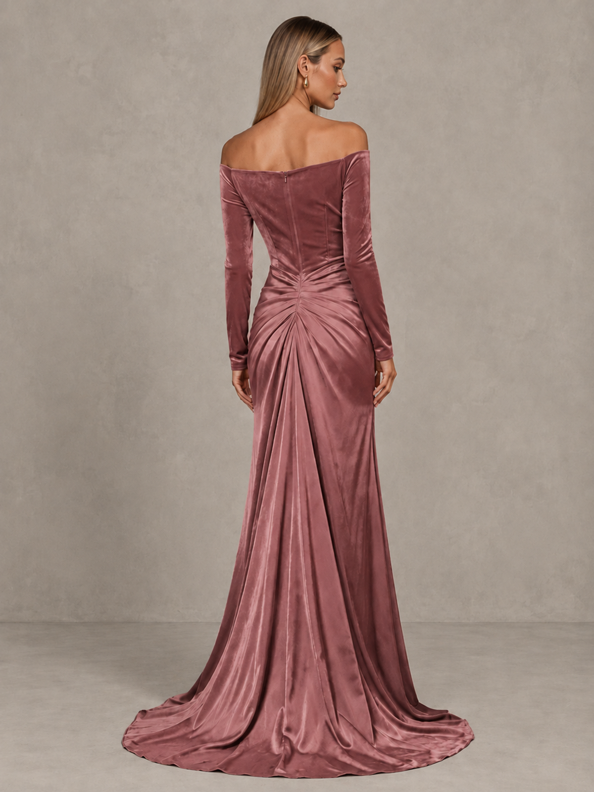 BOLODOO Desert Rose Off-Shoulder Velvet Evening Gown with High Slit - Desert Rose - Desert Rose_2