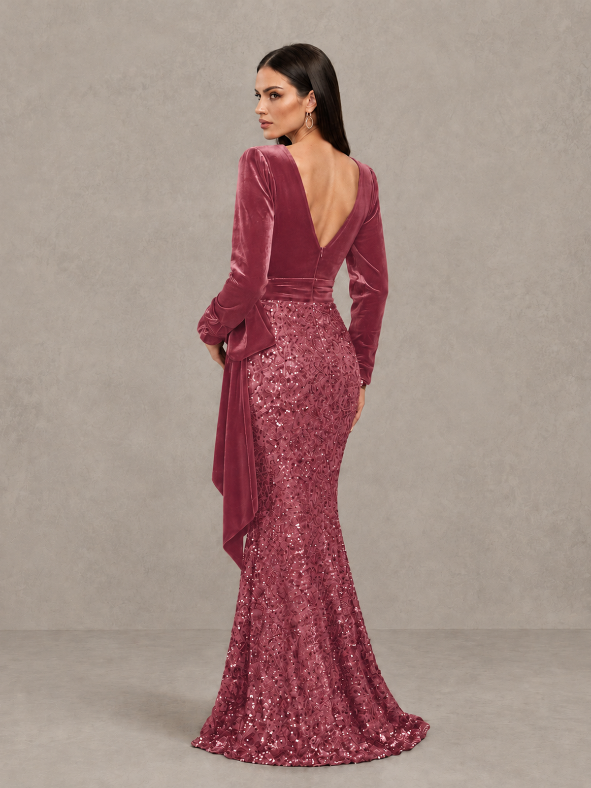 BOLODOO Desert Rose Velvet & Sequin Long Sleeve V-Neck Mermaid Evening Gown - Desert Rose - Desert Rose_2