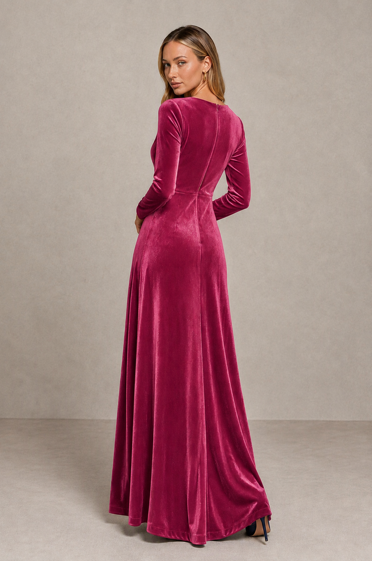 BOLODOO Desert Rose Velvet Long Sleeve V-Neck Ruched Evening Dress - Desert Rose - Desert_Rose_2