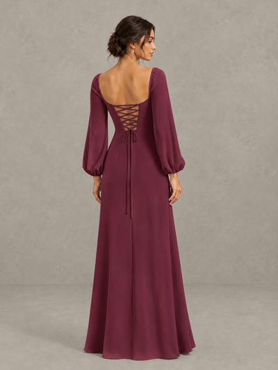 BOLODOO Desert Rose Square Neck Long Sleeve Bridesmaid Dress with High Slit - Desert Rose - Desert Rose_2