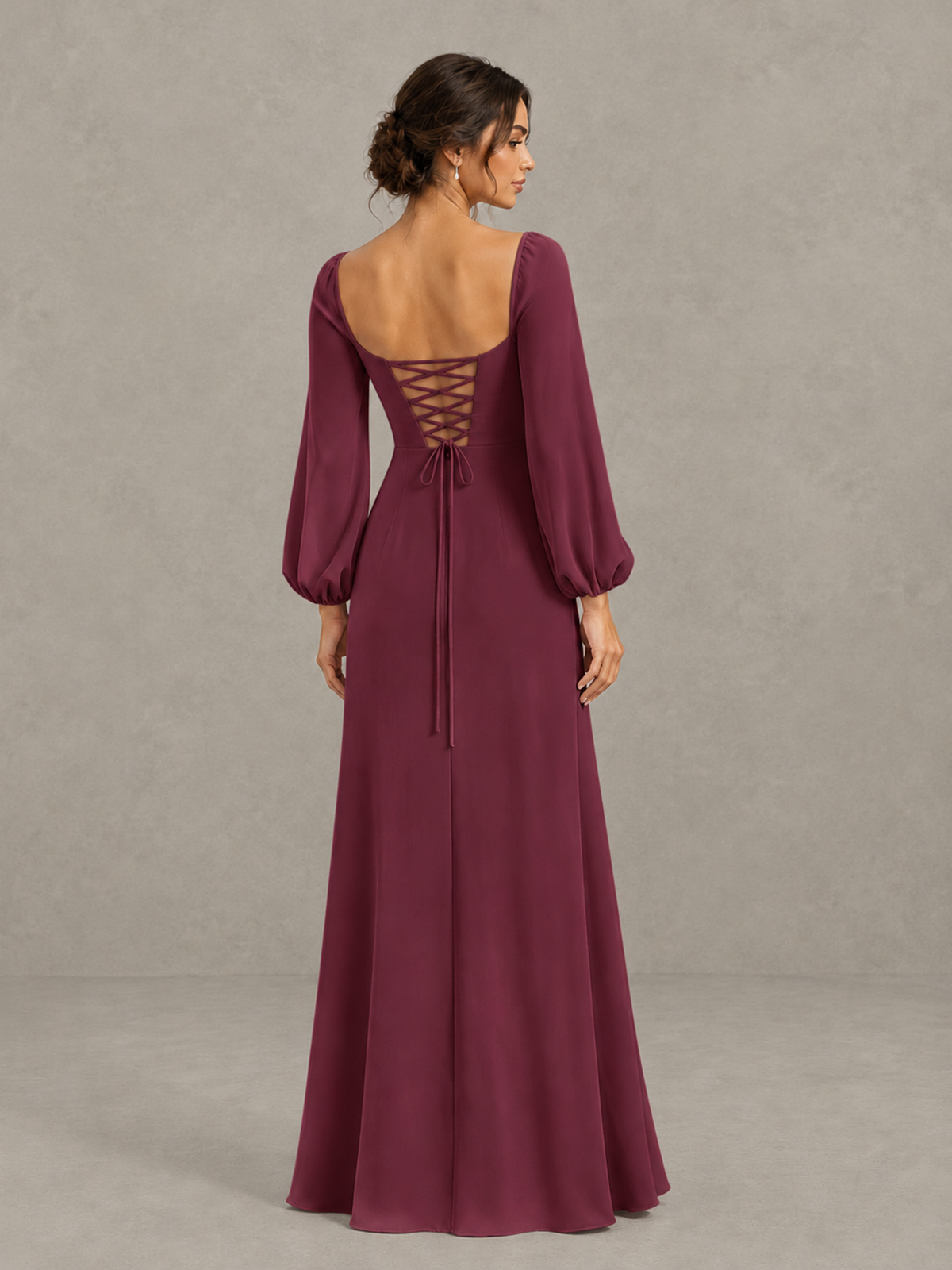 BOLODOO Desert Rose Square Neck Long Sleeve Bridesmaid Dress with High Slit - Desert Rose - Desert Rose_2