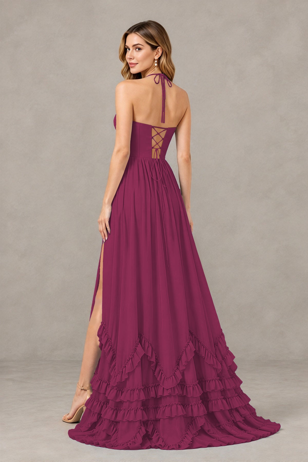 BOLODOO Desert Rose Halter Ruffle Hem A-Line Bridesmaid Dress with High Slit - Desert Rose - Desert Rose(2)