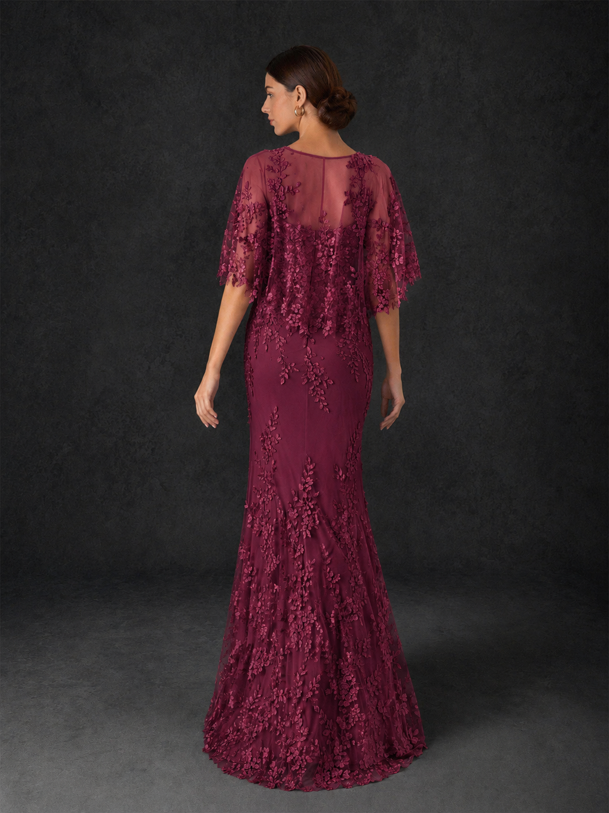 BOLODOO Mocha Desert Rose Botanical Lace Flutter Sleeve Mermaid Gown - Desert Rose