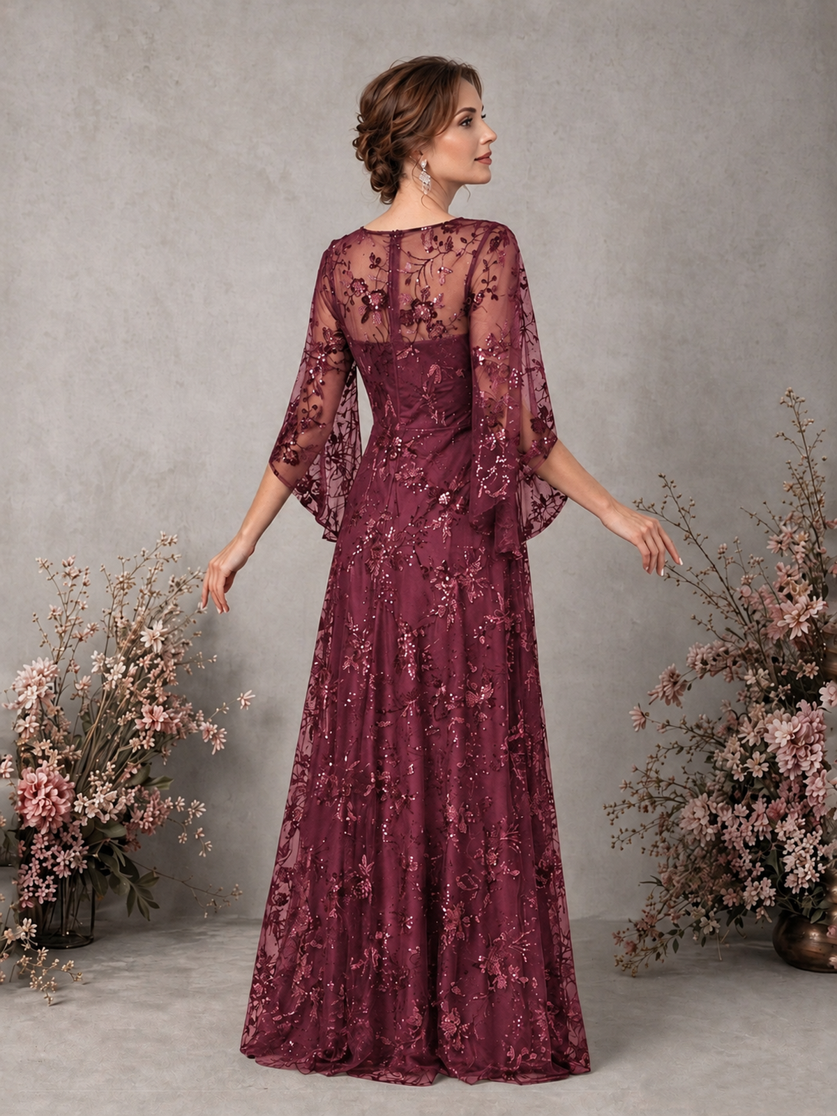 BOLODOO Desert Rose Sequin Lace Cape Sleeve Formal Evening Gown - Desert Rose - Desert Rose_2
