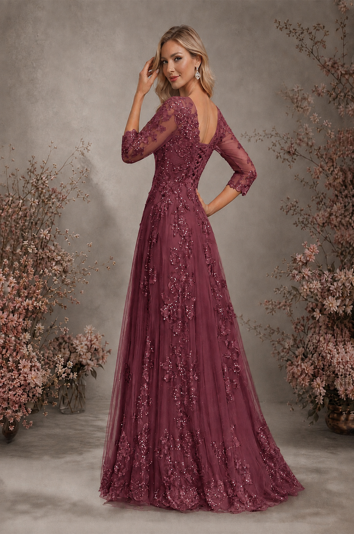 BOLODOO Desert Rose Sequin Lace 3/4 Sleeve Open Back Formal Evening Gown - Desert Rose