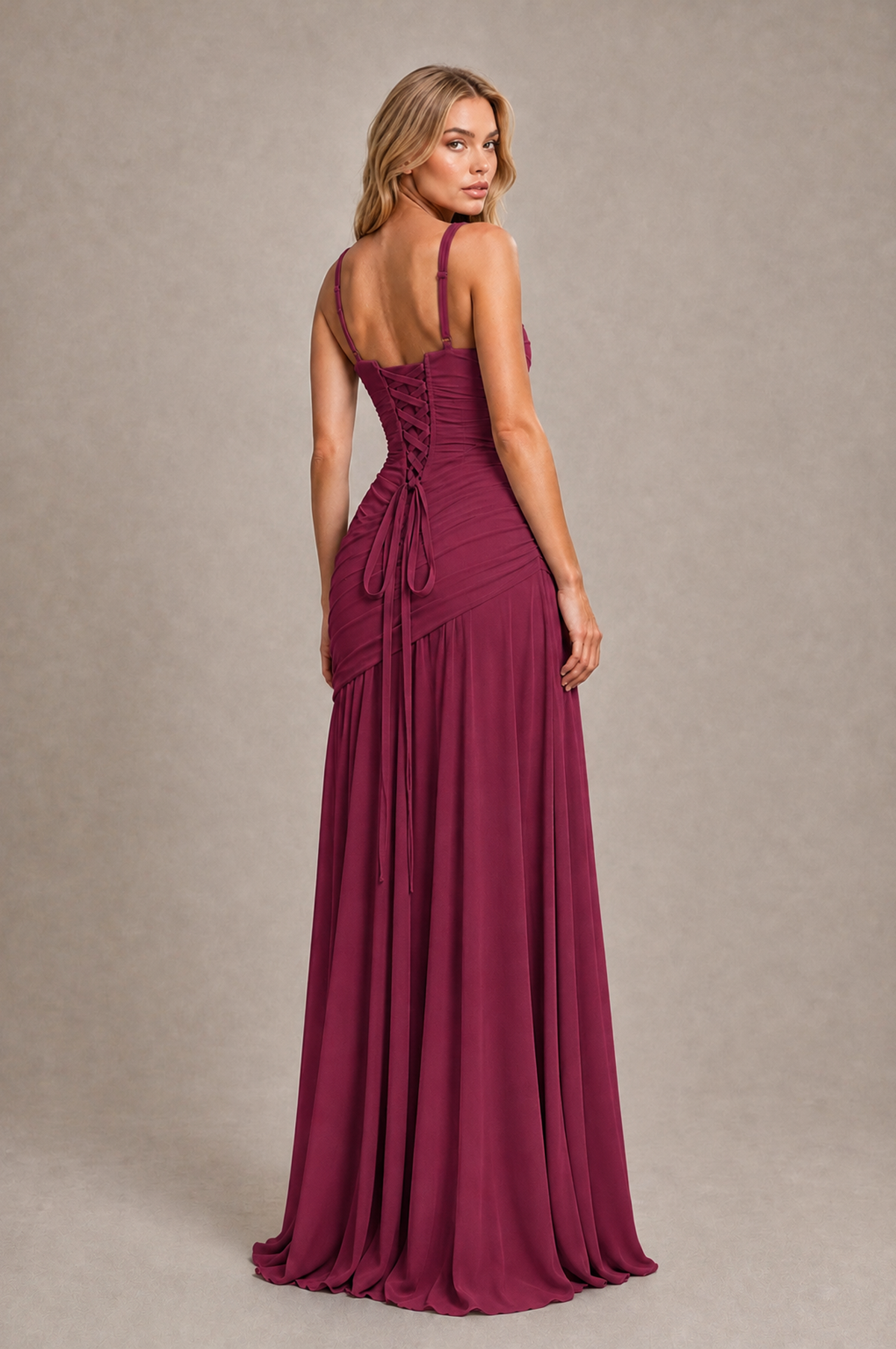 BOLODOO Desert Rose Spaghetti Strap Ruched Maxi Dress – Formal Evening Gown with Slit - Desert Rose - Desert_Rose_2