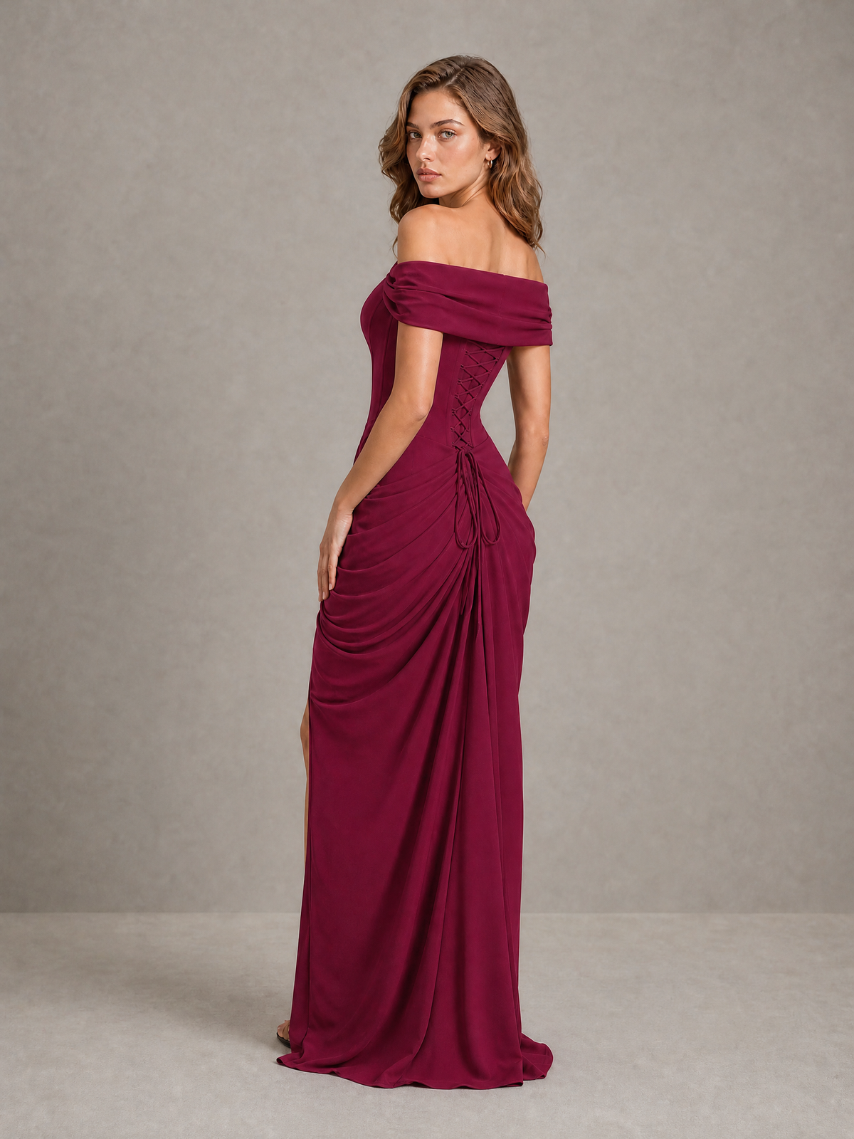 BOLODOO Desert Rose Off-Shoulder Ruched Corset Wedding Guest Dress with Slit - Desert Rose - Desert_Rose_2