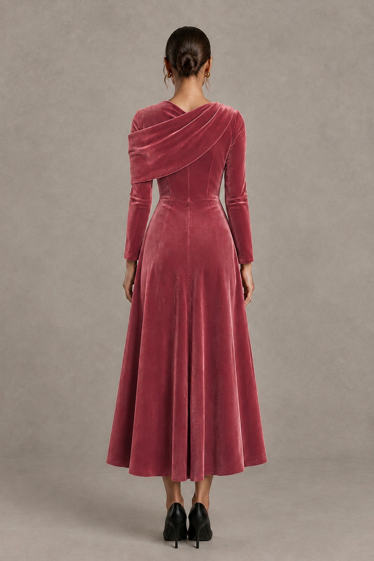 BOLODOO Desert Rose Velvet-Look Long Sleeve Tea-Length A-Line Dress with Draped Neckline - Desert Rose - Desert Rose_2