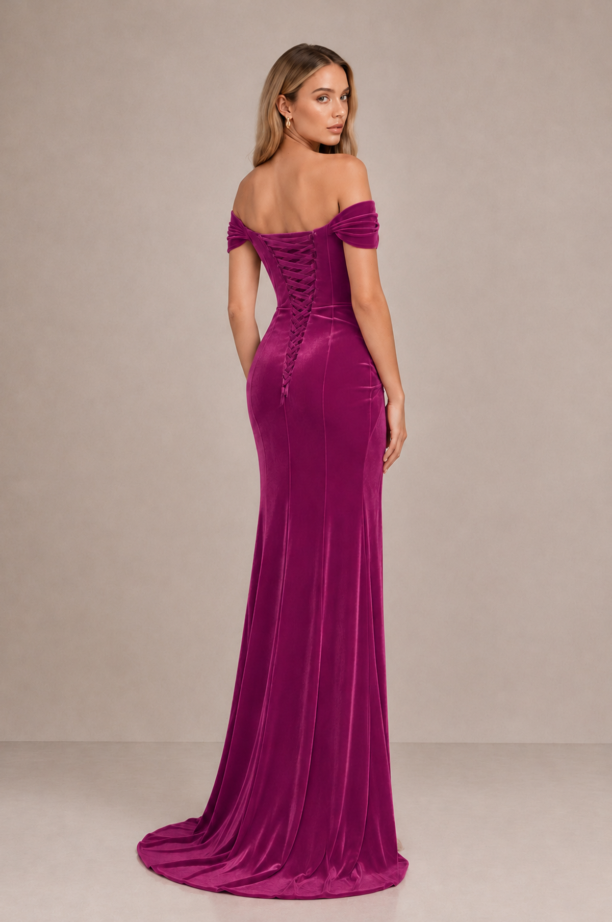 BOLODOO Desert Rose Velvet Off-Shoulder Ruched High Slit Evening Dress - Desert Rose - Desert_Rose_2
