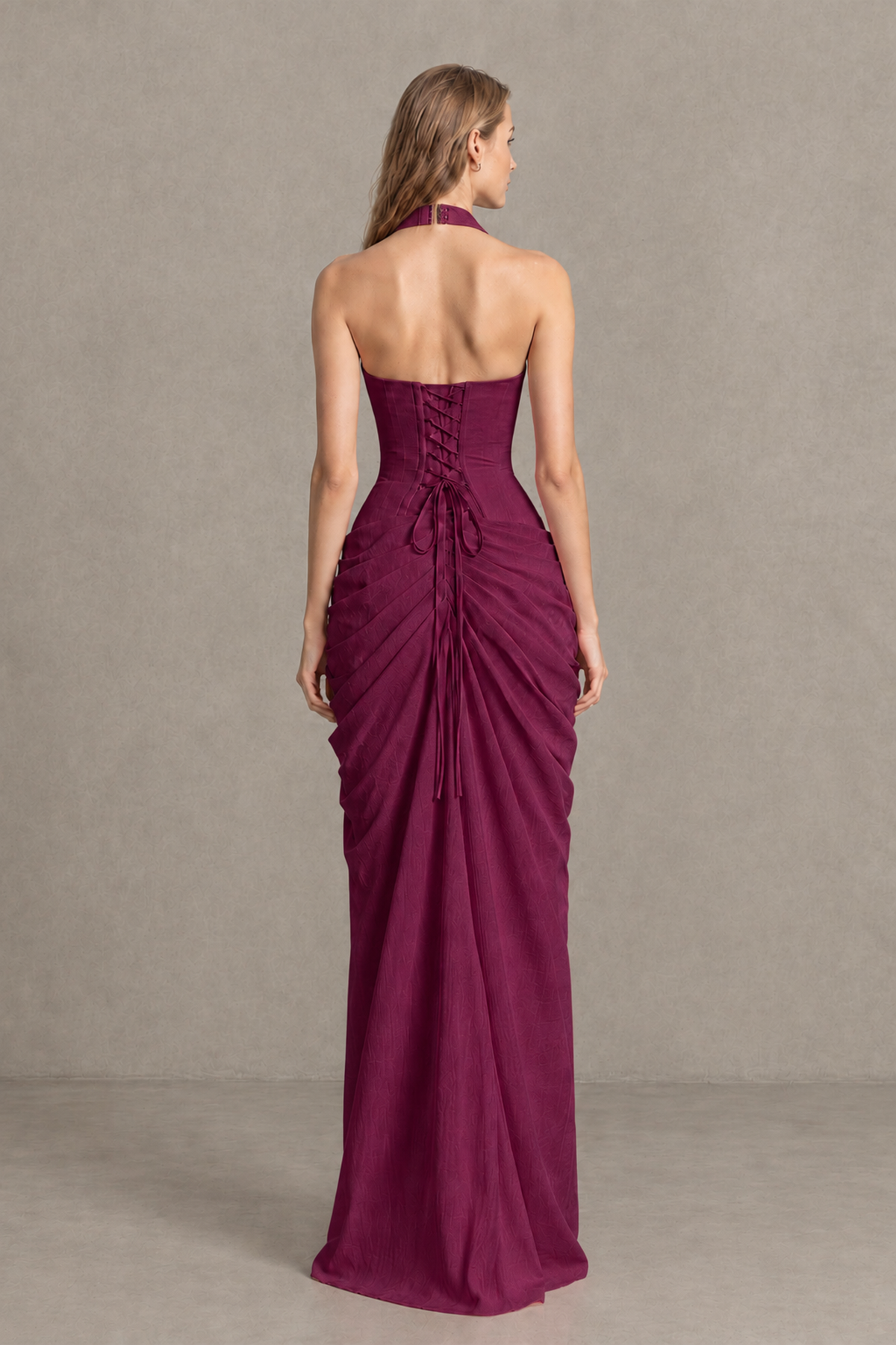 BOLODOO Desert Rose Halter Neck Ruched Maxi Dress with High Slit - Desert Rose - Desert_Rose_2