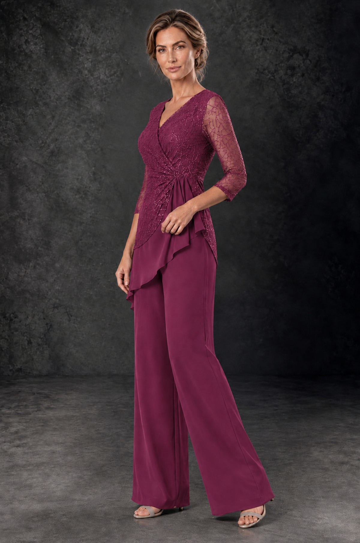 BOLODOO Desert Rose Sequin Lace 3/4 Sleeve Chiffon Mother of the Bride Pant Suit - Desert Rose - Desert_Rose_2