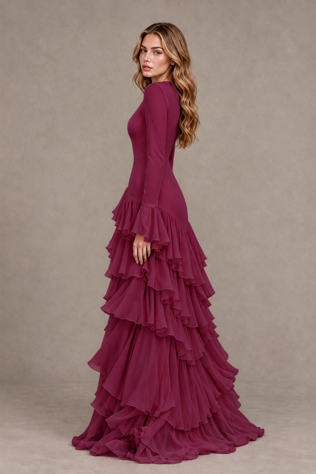 Desert Rose Long Sleeve Tiered Ruffle Evening Gown - Desert Rose - Desert Rose_2