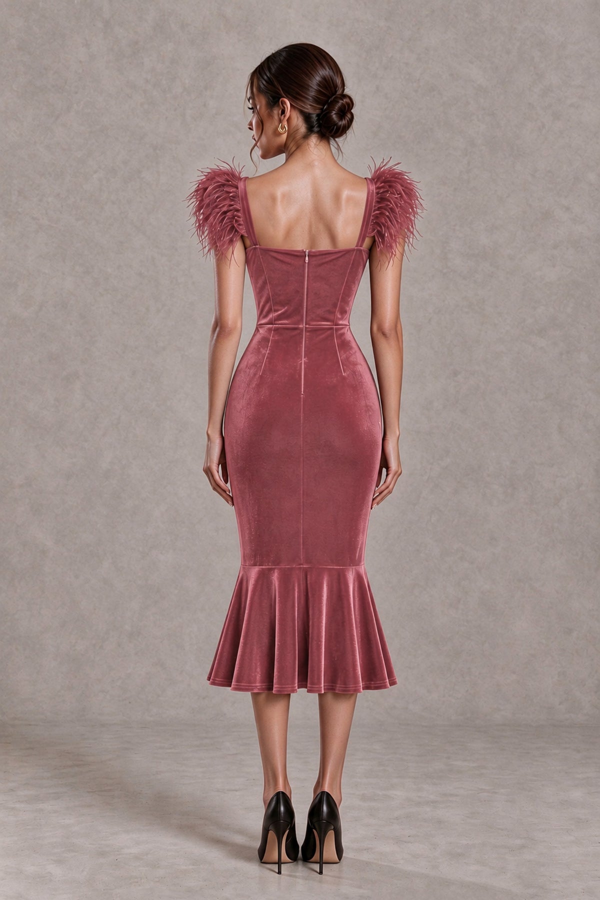 BOLODOO Desert Rose Feather-Trim Velvet-Look Mermaid Midi Dress - Desert Rose - Desert Rose_2