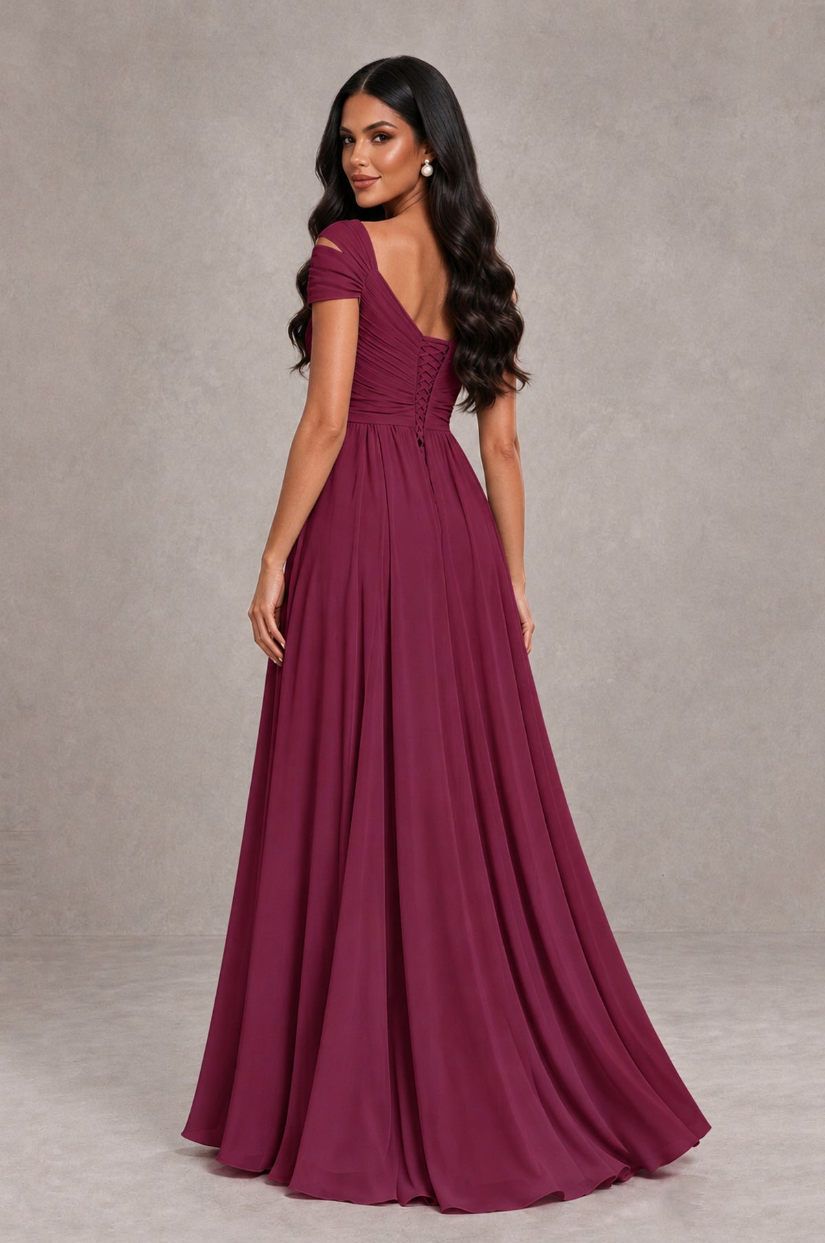 BOLODOO Desert Rose Cold Shoulder Chiffon Evening Dress with V Neck and High Slit - Desert Rose - Desert Rose_2