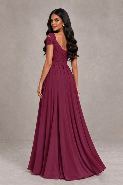 BOLODOO Desert Rose Cold Shoulder Chiffon Evening Dress with V Neck and High Slit - Desert Rose - Desert Rose_2