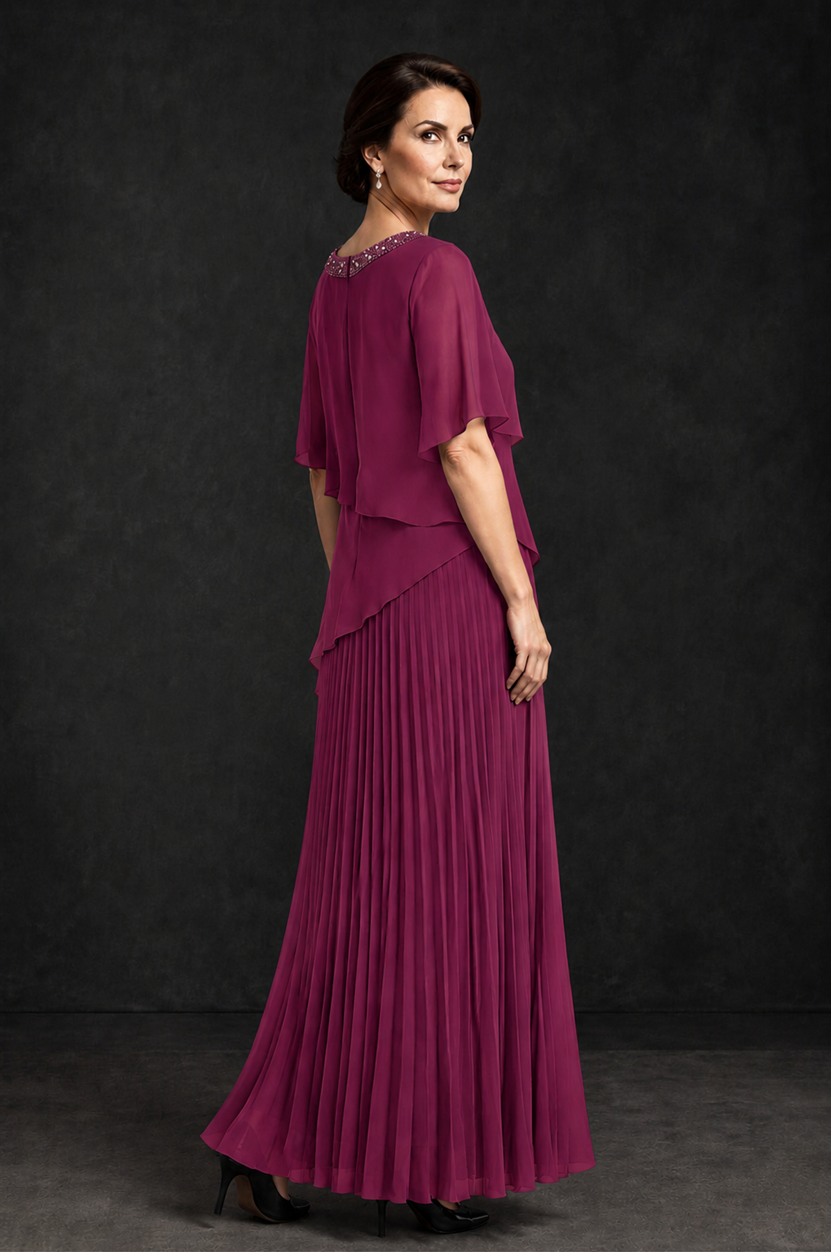 BOLODOO Desert Rose Pearl Beaded Neck Asymmetric Tiered Flutter Sleeve Pleated Chiffon Maxi Dress - Desert Rose - Desert_Rose_2
