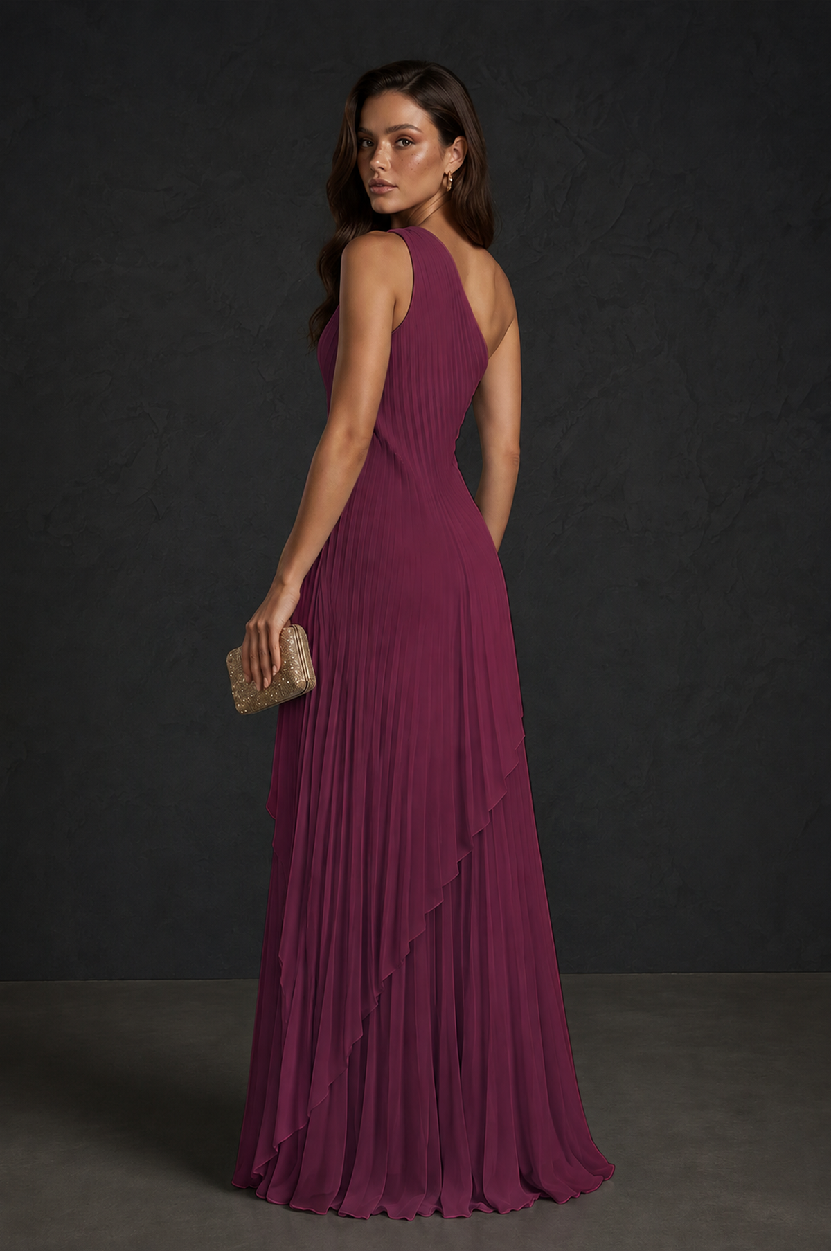 BOLODOO Desert Rose One-Shoulder Sunburst Pleated Asymmetric Layered Overlay Accordion Pleated Chiffon Maxi Dress - Desert Rose