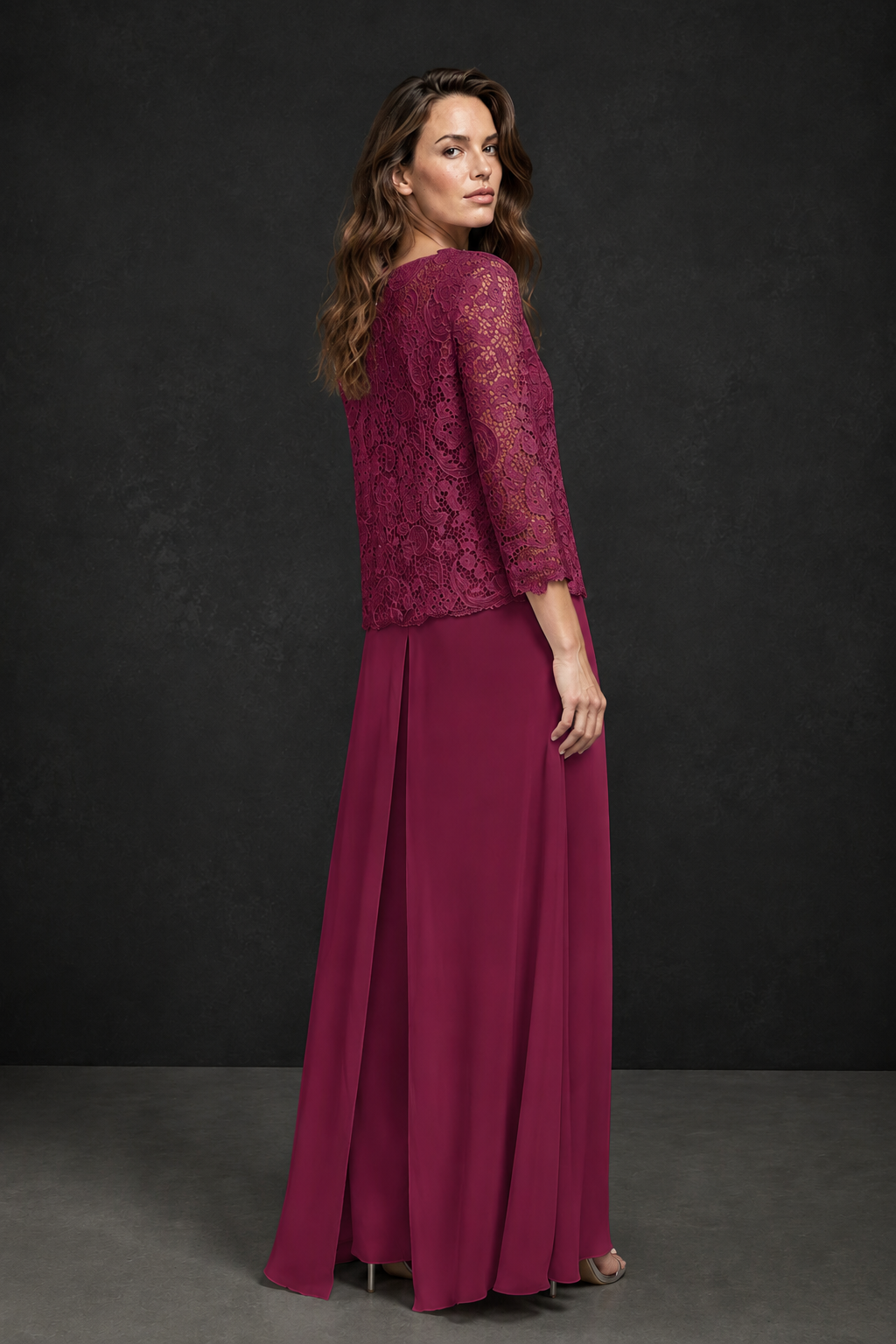 BOLODOO Desert Rose Grey Lace Peplum Top & Wide-Leg Chiffon Pants Set | Mother of the Bride & Formal Evening Outfit - Desert Rose