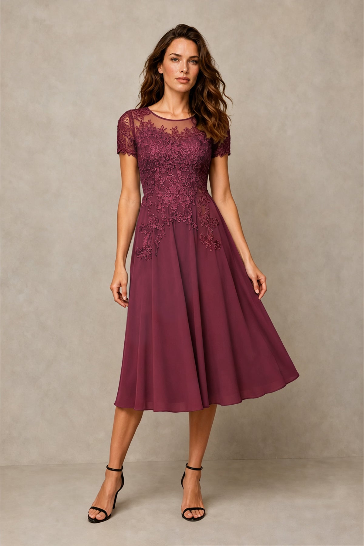 BOLODOO Steel Desert Rose Beaded Lace Illusion Bodice Chiffon Tea-Length Dress | Mother of the Bride & Cocktail Party - Desert Rose