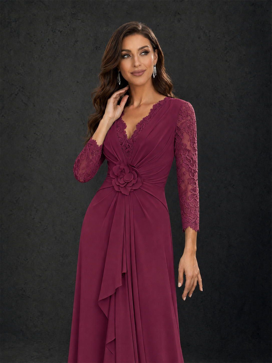 BOLODOO Desert Rose Lace Sleeve V-Neck Floral Waist Chiffon A-Line Maxi Dress - Desert Rose