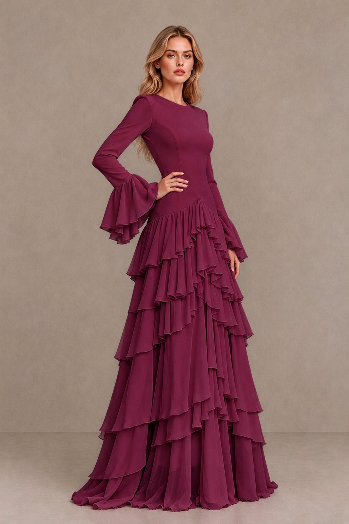 Desert Rose Long Sleeve Tiered Ruffle Evening Gown - Desert Rose - Desert Rose_3
