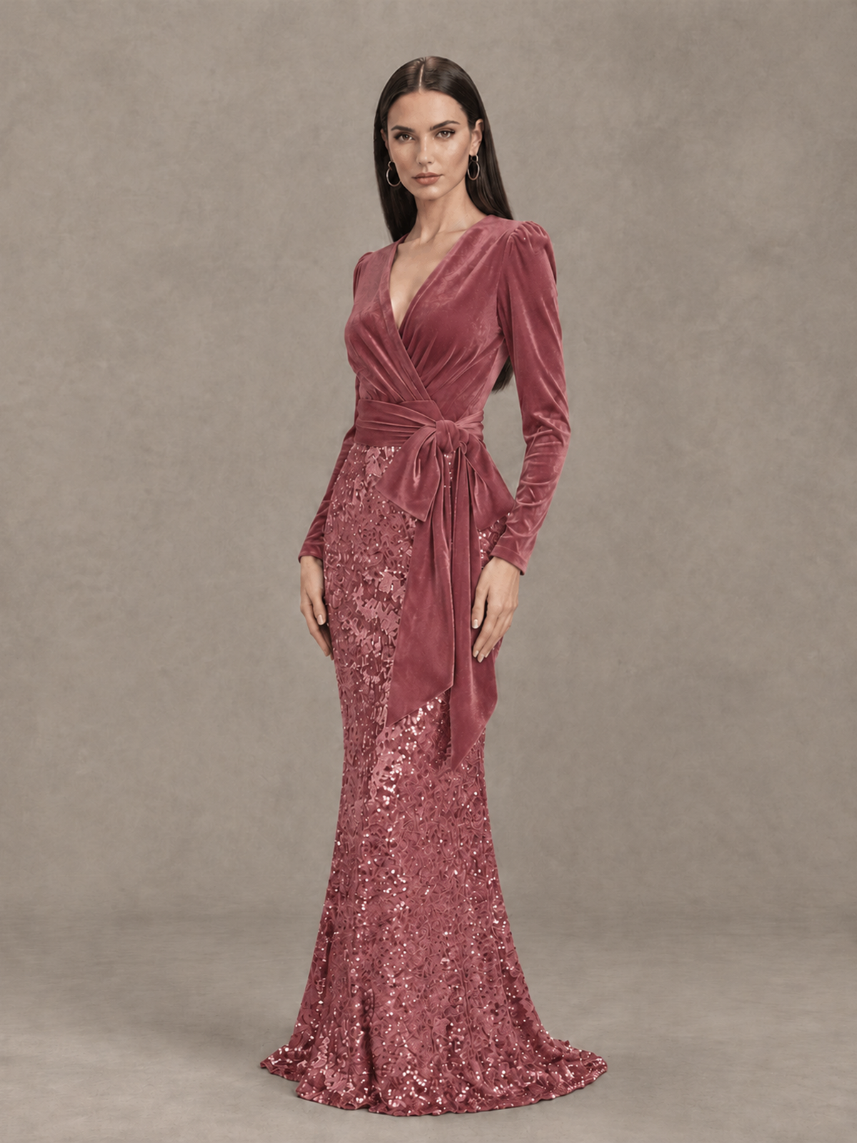 BOLODOO Desert Rose Velvet & Sequin Long Sleeve V-Neck Mermaid Evening Gown - Desert Rose - Desert Rose_3