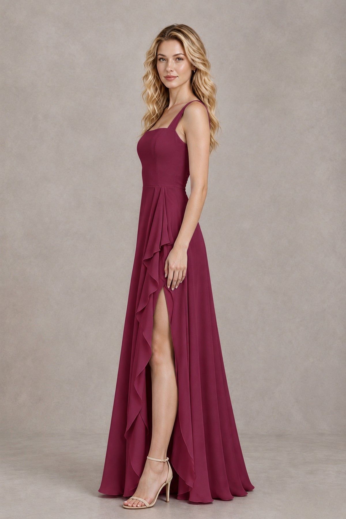 BOLODOO Desert Rose Square Neck Ruffle A-Line Bridesmaid Dress with Slit - Desert Rose - Desert Rose_3