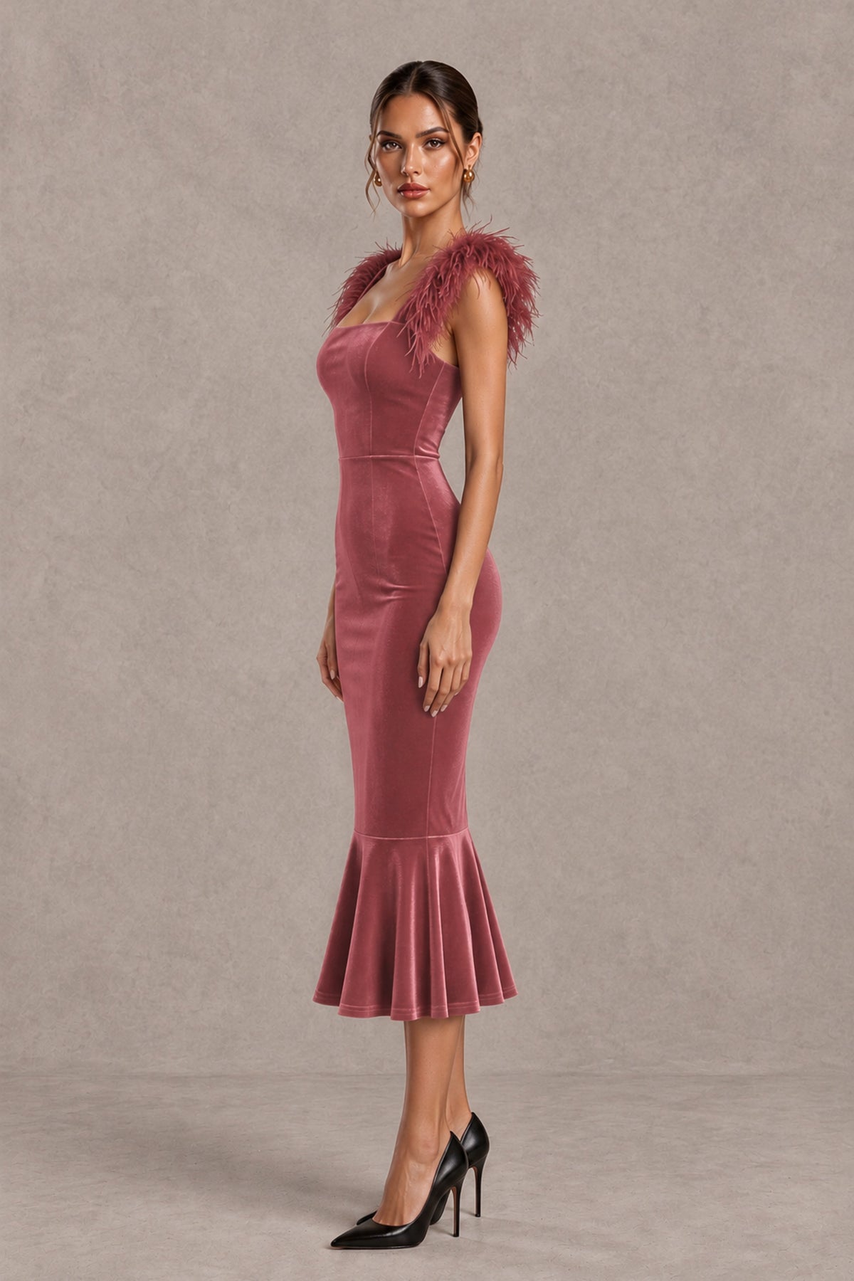 BOLODOO Desert Rose Feather-Trim Velvet-Look Mermaid Midi Dress - Desert Rose - Desert Rose_3