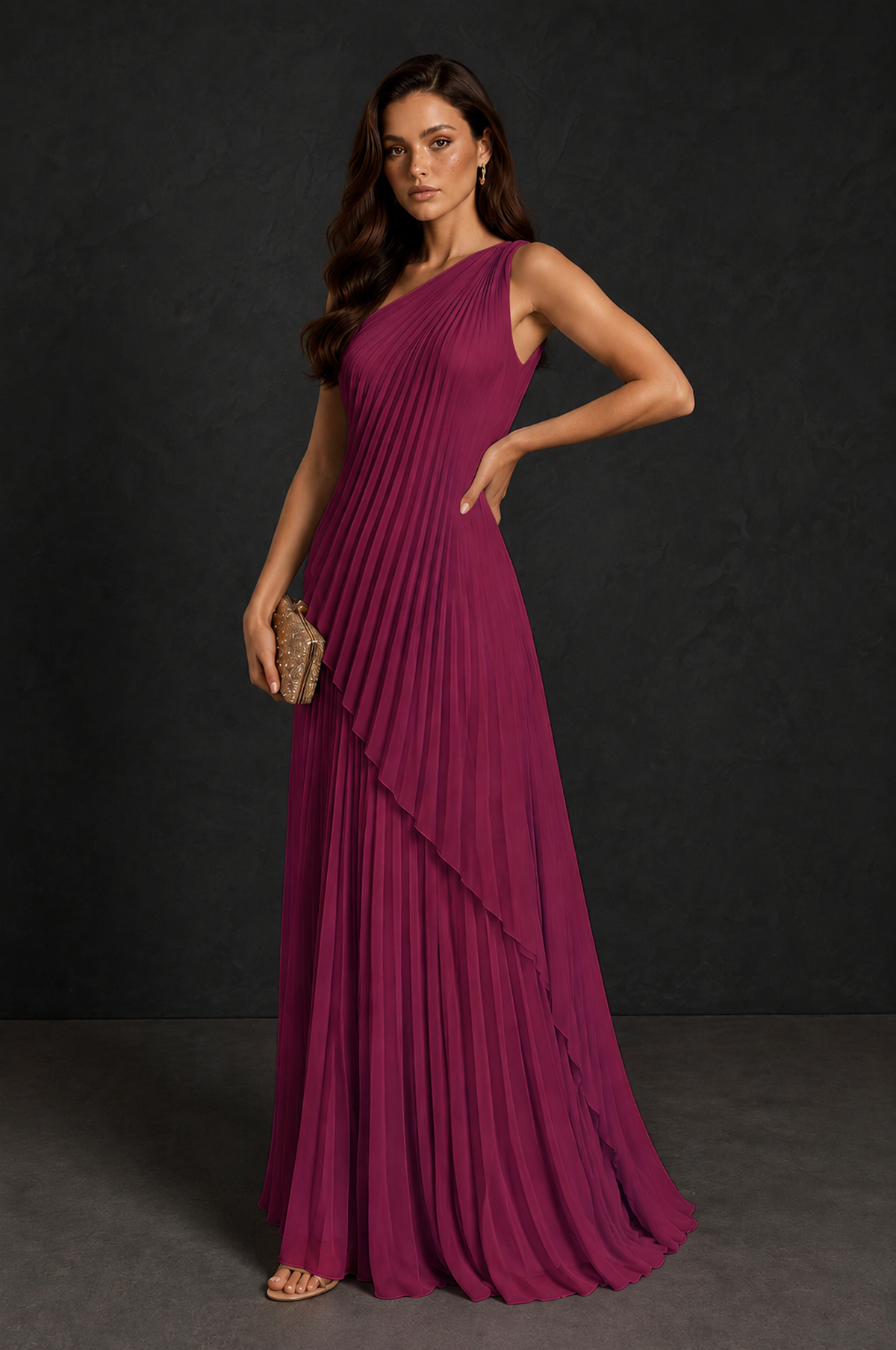 BOLODOO Desert Rose One-Shoulder Sunburst Pleated Asymmetric Layered Overlay Accordion Pleated Chiffon Maxi Dress - Desert Rose
